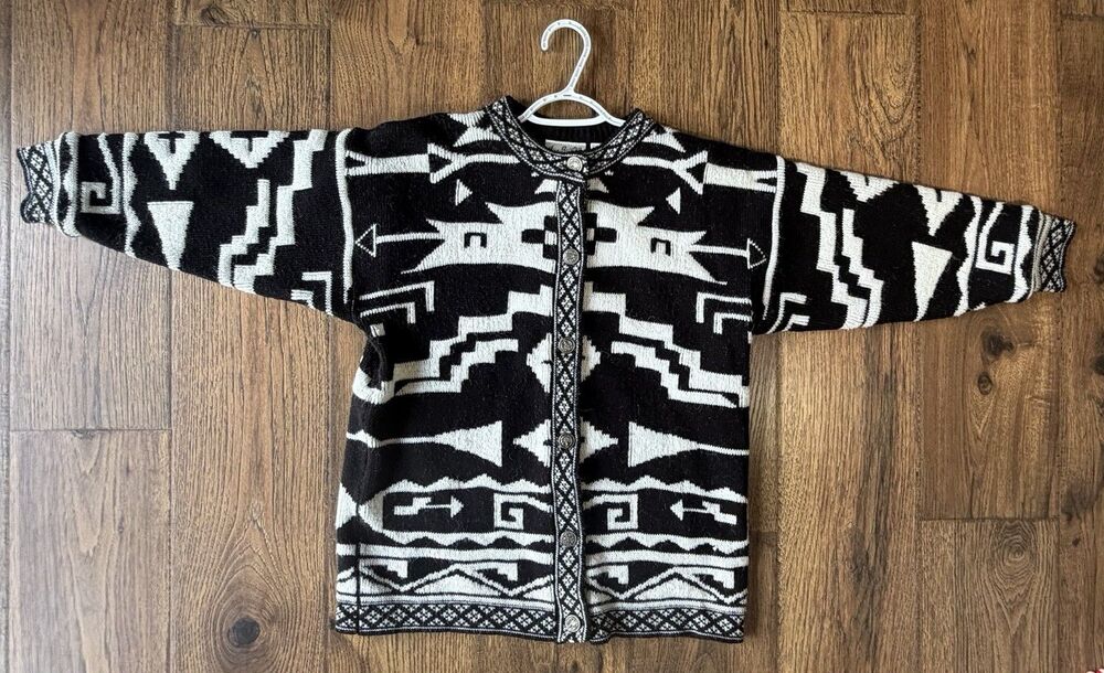 Vintage Joy Burton Southwestern Aztec Cardigan Black White Oversized S Taiwan